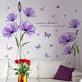 Purple Flower Wall Decals, Removable Wall Stickers with Butterflies