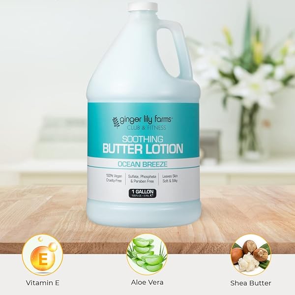 GINGER LILY FARMS CLUB & FITNESS SOOTHING BUTTER LOTION FOR DRY SKIN, 100% VEGAN & CRUELTY-FREE, OCEAN BREEZE SCENT, 1 GALLON (128 FL OZ) REFILL