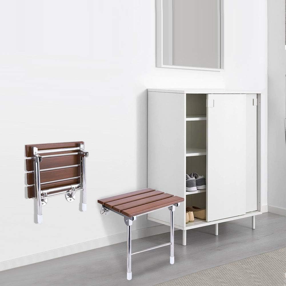 JCWANGDEFU Folding Shower Seat Wall Mounted Bathroom Bathtub Safety Stool Chair, Solid Wood, with Support Legs, Load of 350 lbs, 14.88"(L)*12"(W)*17.12"(H): Home & Kitchen