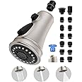 Universal Kitchen Faucet Head Replacement Pull Down 3 Function Sink Faucet Sprayer Head with 15 Adapters Compatible with Moen Delta Kohler Faucet Head, Brushed Nickel