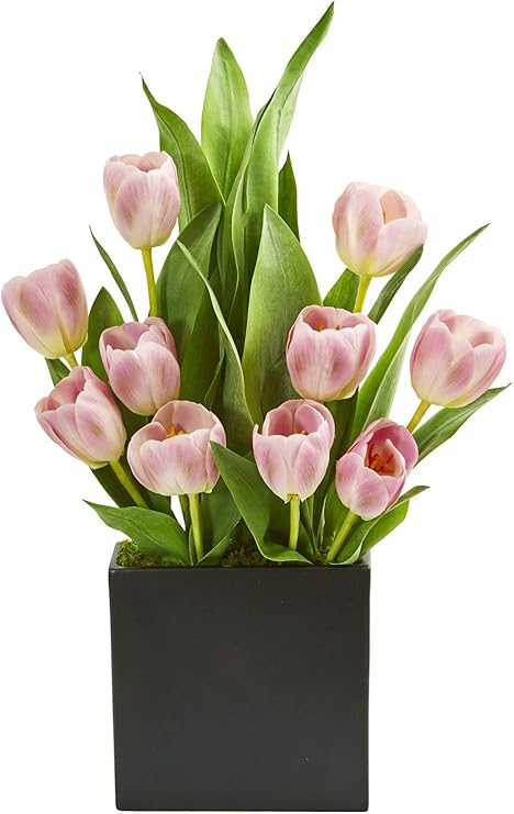 Amazon シルクフラワー ピンクのチューリップアレンジメント 黒い花瓶 造花 造花 オンライン通販