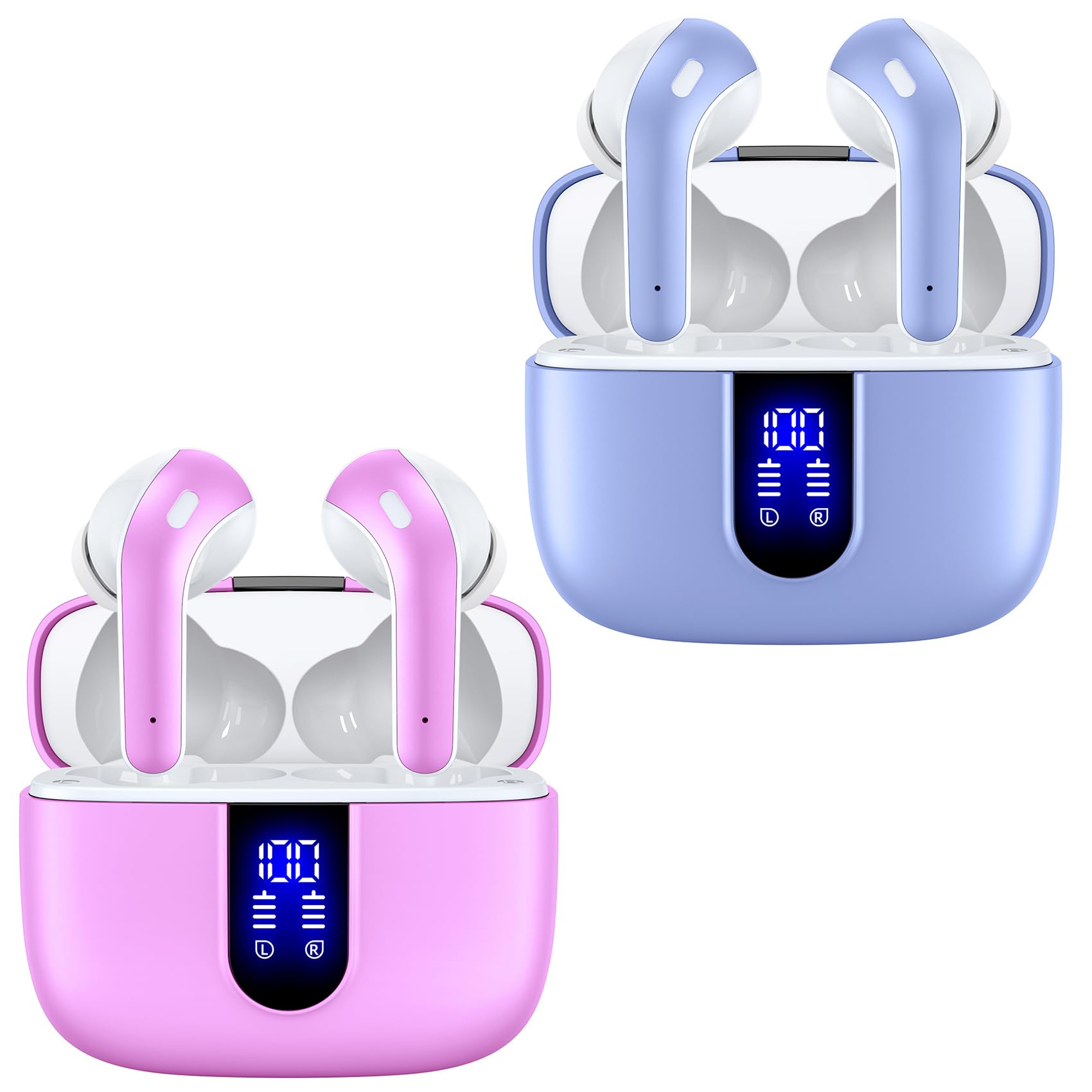 TAGRY 2 Sets X08 Purple and Sunset Pink Bluetooth Headphones True Wireless Earbuds 60H Playback Ear Buds with Wireless Charging Case in-Ear Earbuds with Mic