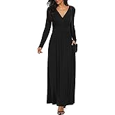 LILBETTER Women Long Sleeve Deep V Neck Loose Plain Long Maxi Casual Dress