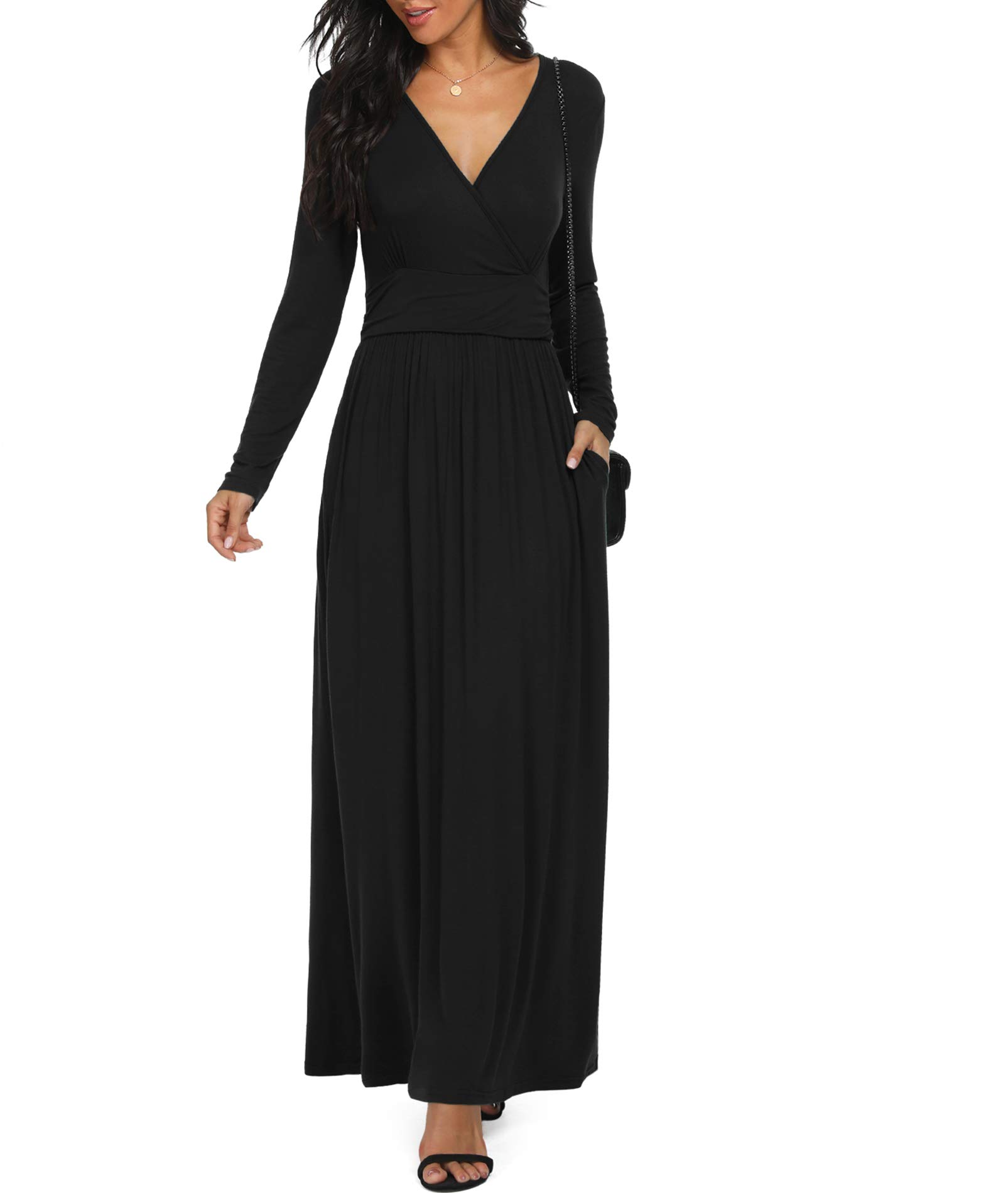 Photo 1 of LILBETTER Womens Long Sleeve V-Neck Wrap Waist Maxi Dress(Black Small)