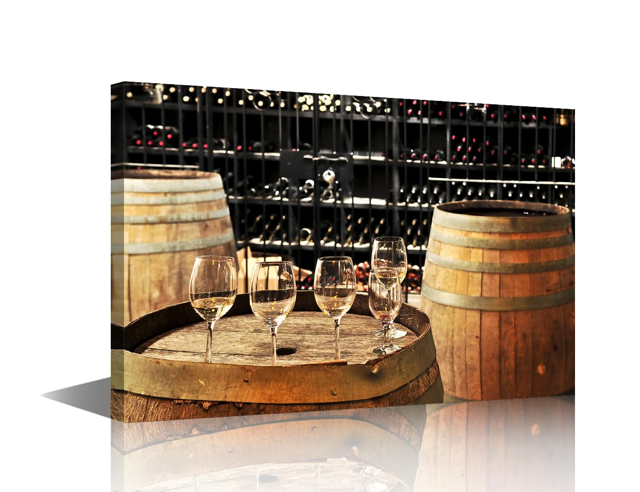 TISHIRON Wooden Barrel Wall Art Wine Glass Pictures Print On Canvas Whiskey Modern Artwork 1 Piece Wall Art for Living Room Office Giclee Gallery Wrapped Posters Prints Framed Ready to Hang, 24x16in