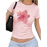 RoseSeek Floral Graphic Crop Tops for Girls Short Sleeve Slim fit Preppy Summer T Shirt Y2k Tops Trendy