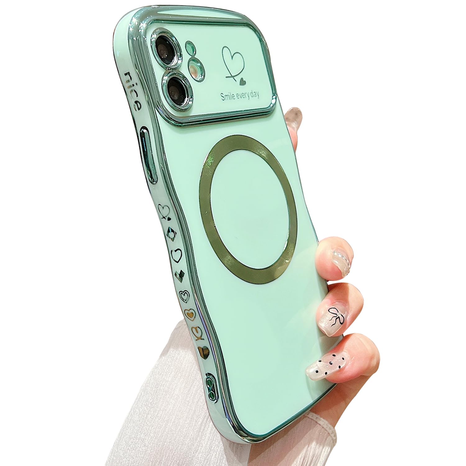 ZONRW for iPhone 11 Case Magnetic,for Women Girls Soft Cute Wave Frame Curly Shape Love Heart Luxury Plating Phone Case Compatible with MagSafe Shockproof Back Cover 6.1"-Green