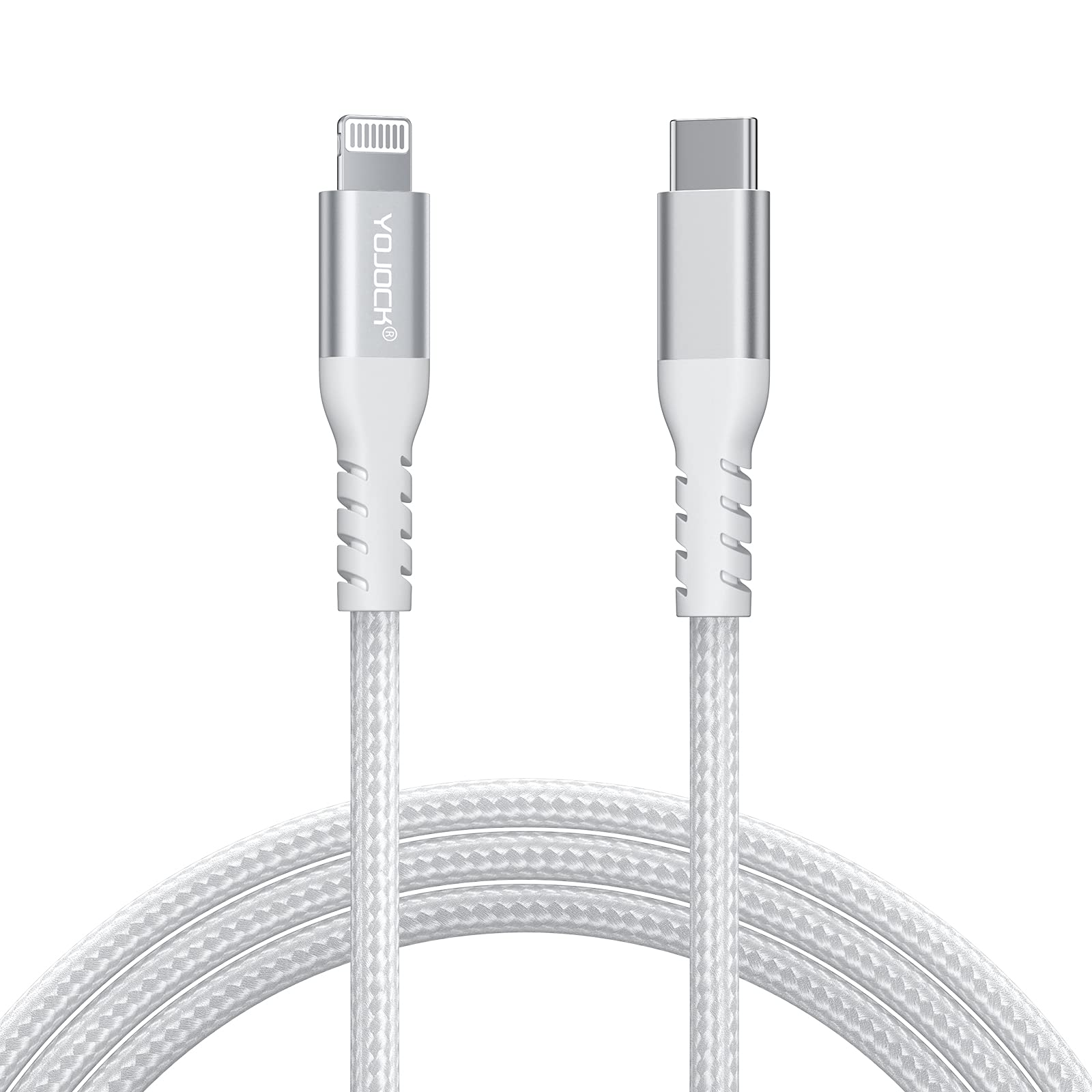 YOJOCK USB C to Lightning Cable 1.8M/6ft [MFi Certified] iPhone PD Fast Charger Type C Lightning Cable Lead Compatible with iPhone 13/12/11/Pro/Max/X/XS/XR/XS Max/ 8/ Plus, Braided Nylon (White)