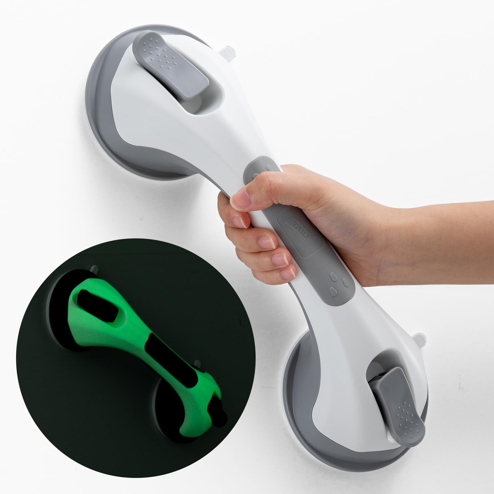 Photo 1 of TAILI Shower Grab Bar Glow in The Dark, 12.2 in Grab Bars for Bathtubs and Showers, Bath Handles Bath Rails for Seniors and Elderly,Bathroom Safety Grip Removable No Drilling Waterproof Grey