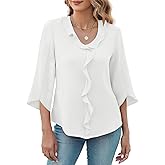 MIRALUNA Womens 3/4 Length Sleeve Tops Blouses V Neck Cute Ruffle Dressy Casual Business Work Shirts