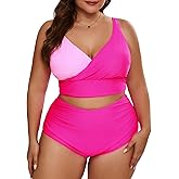Eytino Womens Plus Size Bikini Sets High Waisted V Neck Bahting Suits Two Piece Color Block Swimsuits(1X-5X)