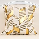 Alerfa 20 x 20 Inches White Geometric Gold Leather Striped Cushion Cases Embroidery Modern Throw Pillow Covers Decorative Pillows for Couch Living Room Bedroom Car 50 x 50cm