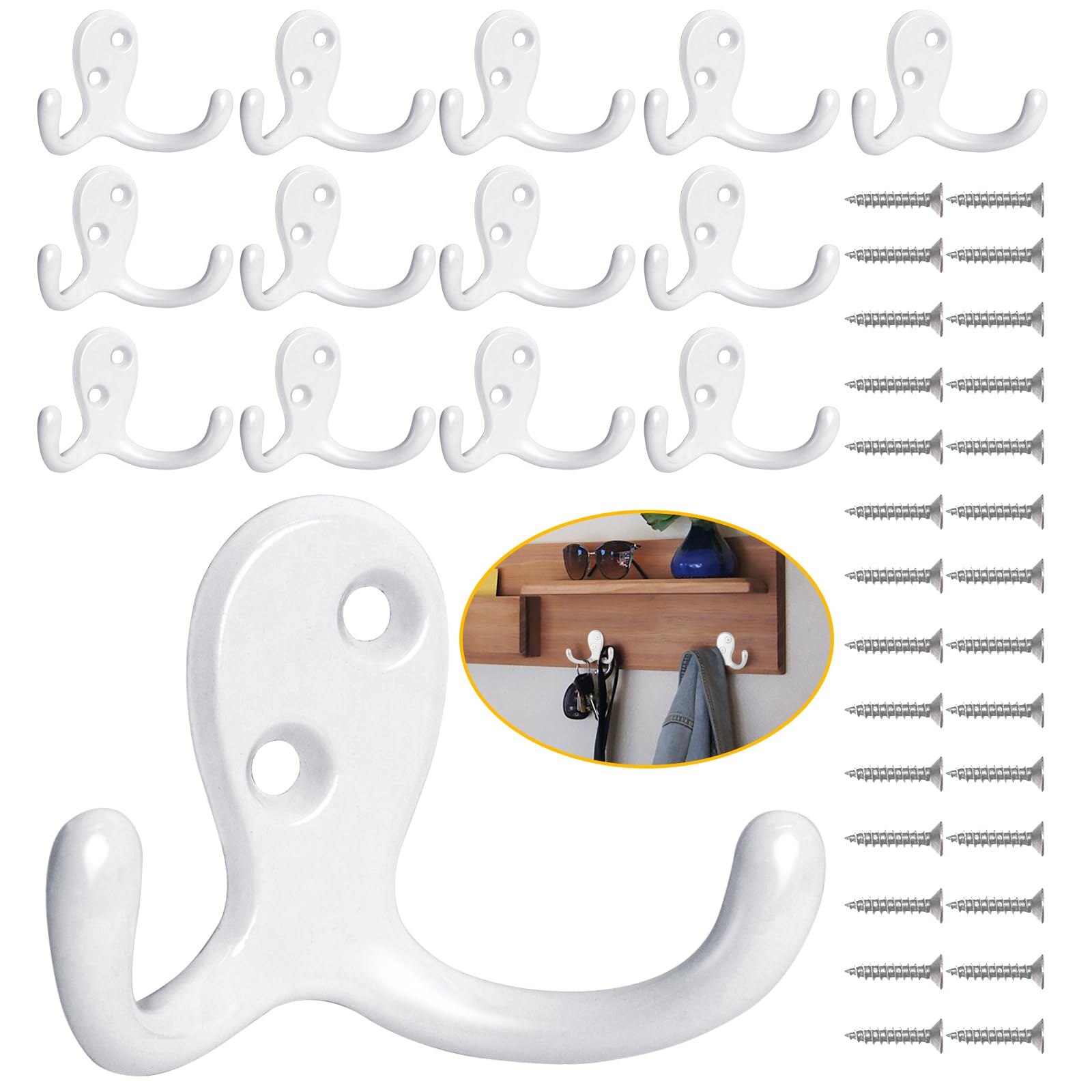 Photo 1 of Homanu 14 Pack Coat Hooks, Heavy Duty Double Prong Coat Hooks Wall Mounted with 28 Screws, No Rust White Metal Wall Hooks for Hanging Towel, Coat, Bag, Hat, Cup, Key