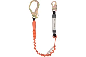 Single Leg 6-Foot Fall Protection for Construction Shock Absorber Stretch Safety Lanyard with Snap & Rebar Hook Connectors CS