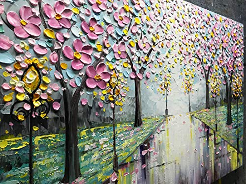 Amei Art Paintings,24x36Inch 3D Hand-Painted Modern Abstract Street View Landscape Artwork Cherry Blossom Tree Oil Painting on Canvas Home Decor Wall Art Wood Inside Framed Ready to Hang