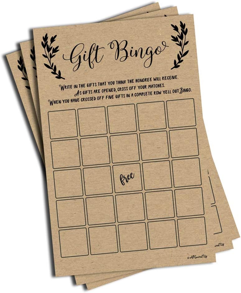 50 Gift Bingo Bridal or Baby Shower Game Kraft Rustic Wedding Bridal Shower Engagement Bachelorette Anniversary Party Game Ideas Bulk Vintage Blank Squares to Fill In Gift Ideas (Large Sheet Size)