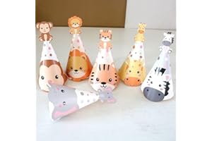 Animal Party Hats, 6-Pack Paper Birthday Hats with Elastic Band for Kids' Safari-Themed Celebrations, for Lions Elephants Zeb