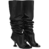 Kapxumo Women's Leather Knee High Boots Open Square Toe Pull On Slouchy Wide Calf Boots