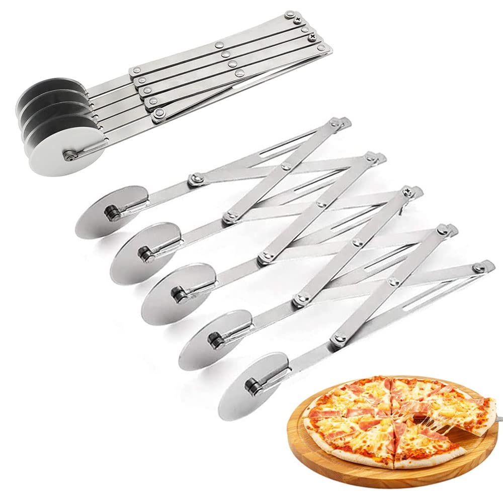 Stainless Steel Dough Divider, Retractable Multi-Wheel Stainless Steel Pizza Hob, Dough Divider, Multi-Wheel Cutter, Pasta Cutter, Pizza Cutters with Handle, for Kitchen Baking, Pastry, Bread(Silver)