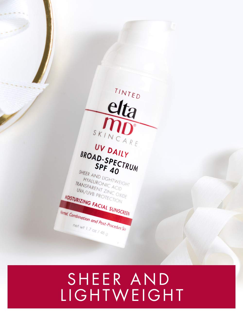 EltaMD UV Daily Tinted Face Sunscreen Moisturizer with Hyaluronic Acid, Broad Spectrum SPF 40, Non greasy, Sheer Lotion, Mineral-Based Sun Protection, 1.7 oz: Premium Beauty