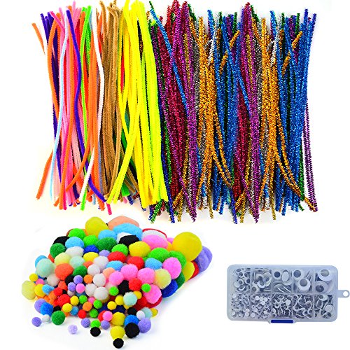 baotongle 1000Pcs Pipe Cleaners Chenille Stem 6mm x 12 Inch Reusable Craft Bendable Twistable 200 Pipe Cleaners, 200 Pom Poms, 600 Wiggle Eyes in a Box Children Puzzle Kindergarten Handmade DIY Art