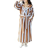 Yimoon Womens Fluffy Fuzzy Hooded Robe Striped Plush Long Bathrobes Thick Warm Soft House Coat Loungewear(Khaki-M)