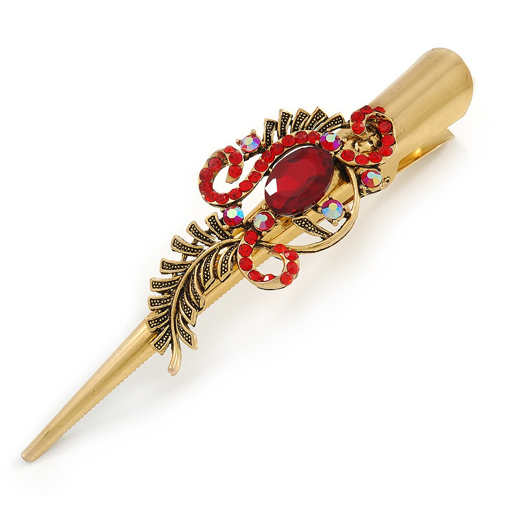 Long Vintage Inspired Gold Tone Ruby Red Crystal Whimsical Feather Hair Beak Clip/Concord/Crocodile Clip - 13.5cm L