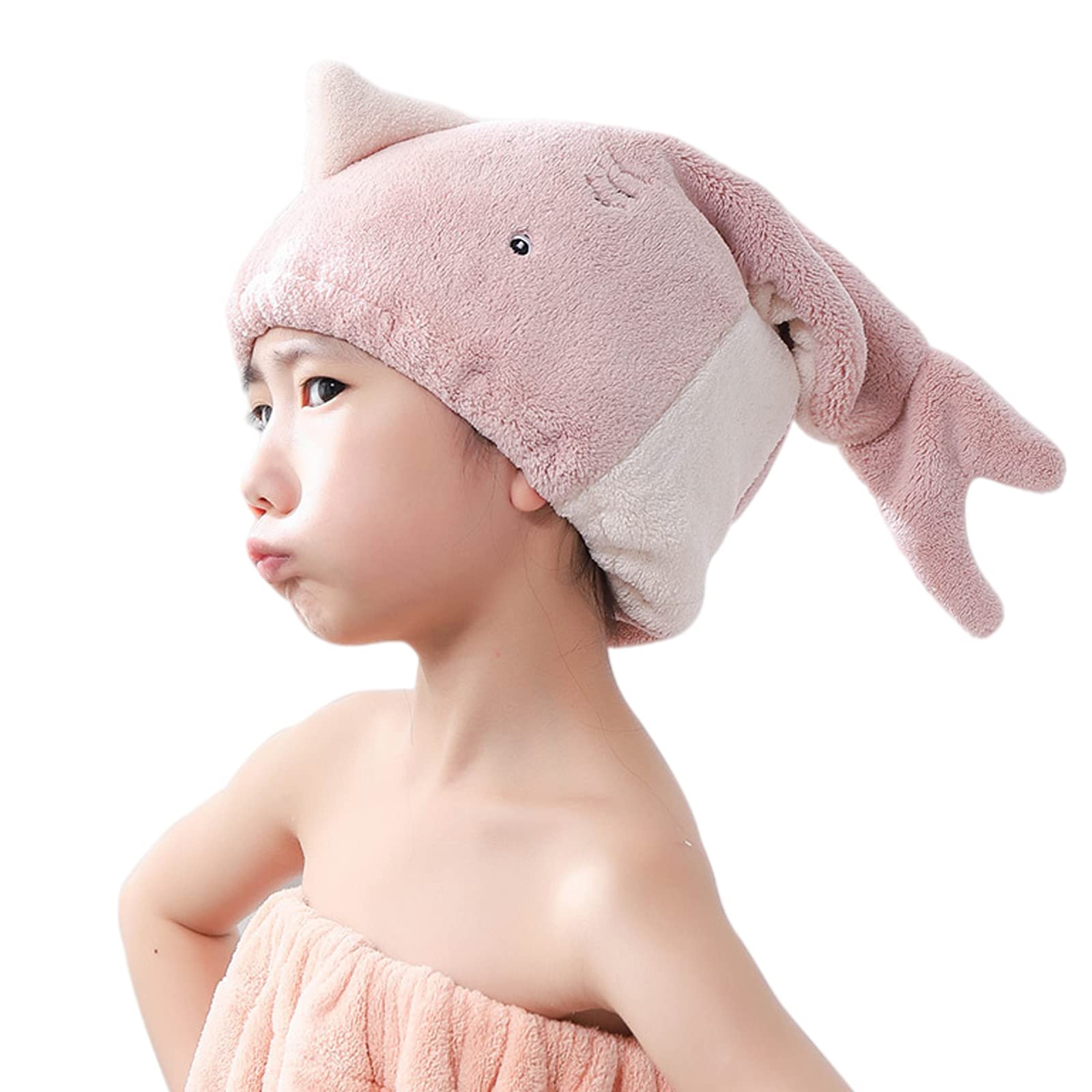 JK Home Kids Microfiber Hair Drying Wrap Towel Cap, Fun Cute Cartoon Shark Super Absorbent Coral Velvet Hair Turban Quick Dry Towels for Wet, Long, Thick Hair