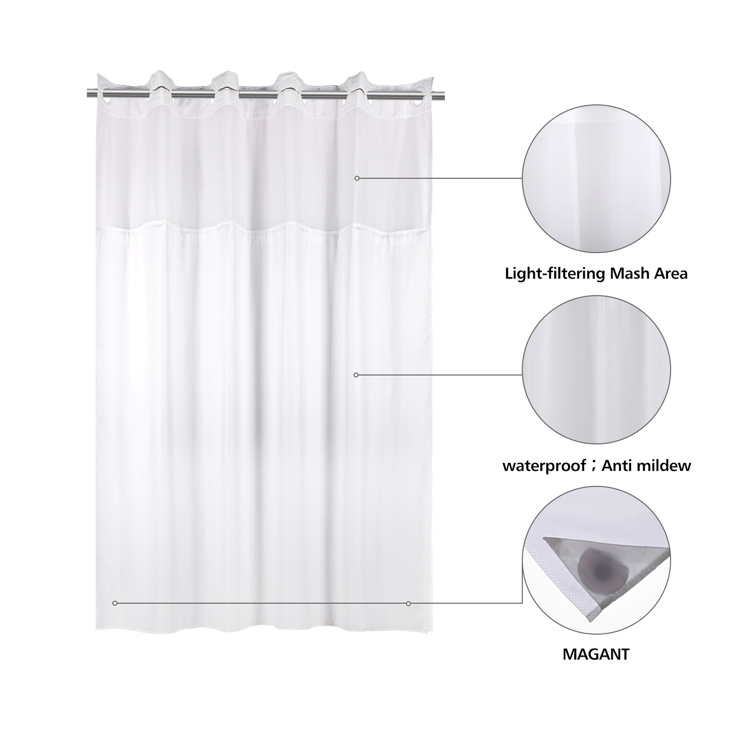 Hookless Shower Curtain with Removed Fabric Inner Liner 70.8 x 74 Inch