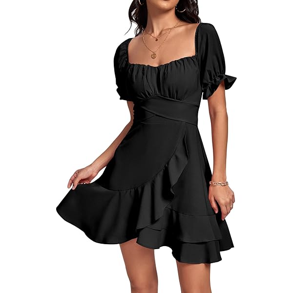 Women Summer Boho Ruffle Short Dress Square Neck Layered Flowy 