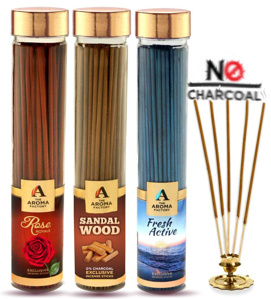 The Aroma Factory Pooja Agarbatti Rose, Sandalwood Chandan & Fresh Active (0% Charcoal) Incense Sticks (Pack of 3 x 100g), Red,Brown & Blue, Full