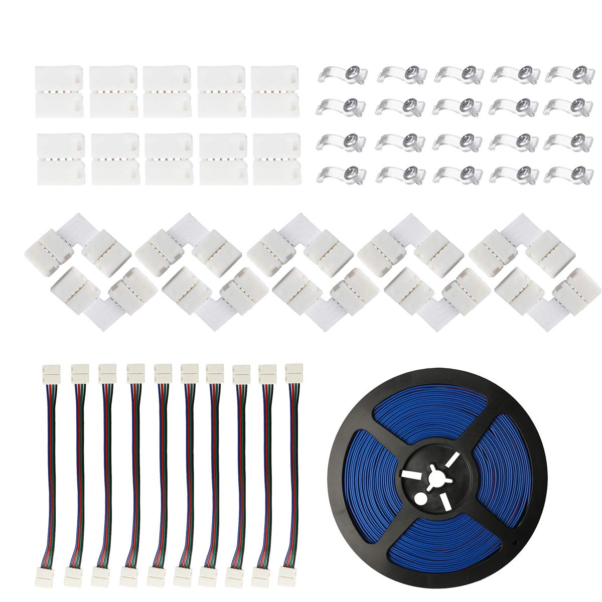 WOWLED LED Strip Light Connector Kit Including RGB Extension Cable, Strip to Strip Jumpers, L Shape Connector, Straight Connector, Led Strip Clip