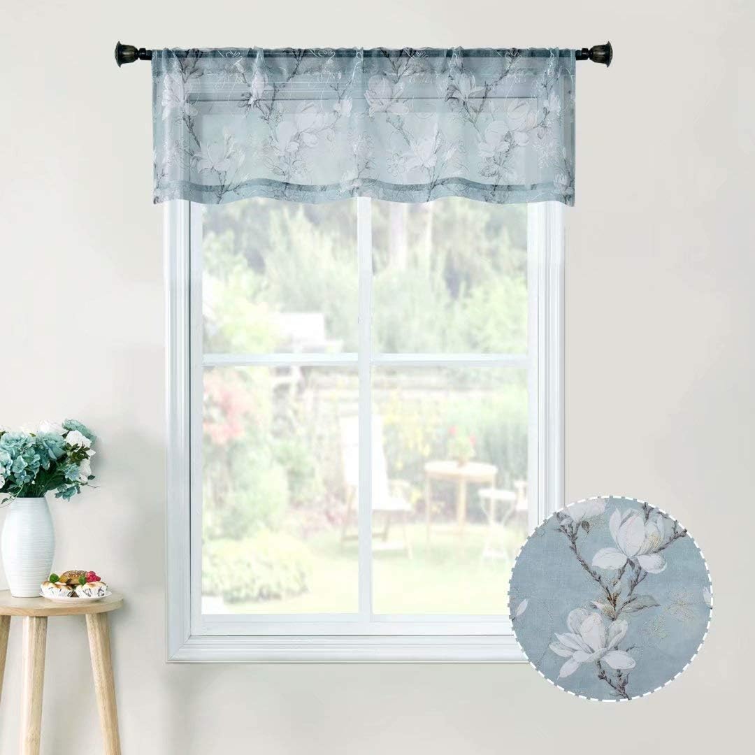 Tollpiz Floral Blue Sheer Valance Curtains Flower Print