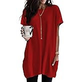Poetsky Summer Womens Tunic Tops for Leggings with Pockets Short Sleeve Casual Long T Shirts S-3XL