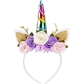 Nishine Unicorn Headband Nonwoven Flowers Cat Ears Pony Head Bands Tiara Glitter Horn for Cosplay Unicorn Party Supplies