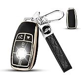 QBUC for Mercedes Benz Key fob Cover, TPU Car Key Case Protector with leather Keychain Compatible with Mercedes-Benz 2017-2021 E-Class S-Class 2019-2023 A-Class C-Class G-Class, Black