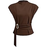 CIDER Women Tops Blouses Stand Neck Belted Short Sleeve Business T-Shirts