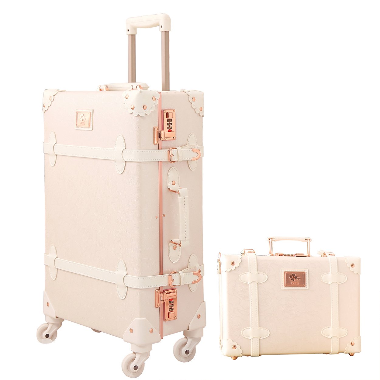 white and rose gold suitcase