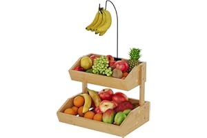 PULIJIAJU Bamboo Fruit Basket, Fruit Holder With Banana Hanger, Fruit Bowl, Kitchen Counter For Fruit and Vegetable Storage, 