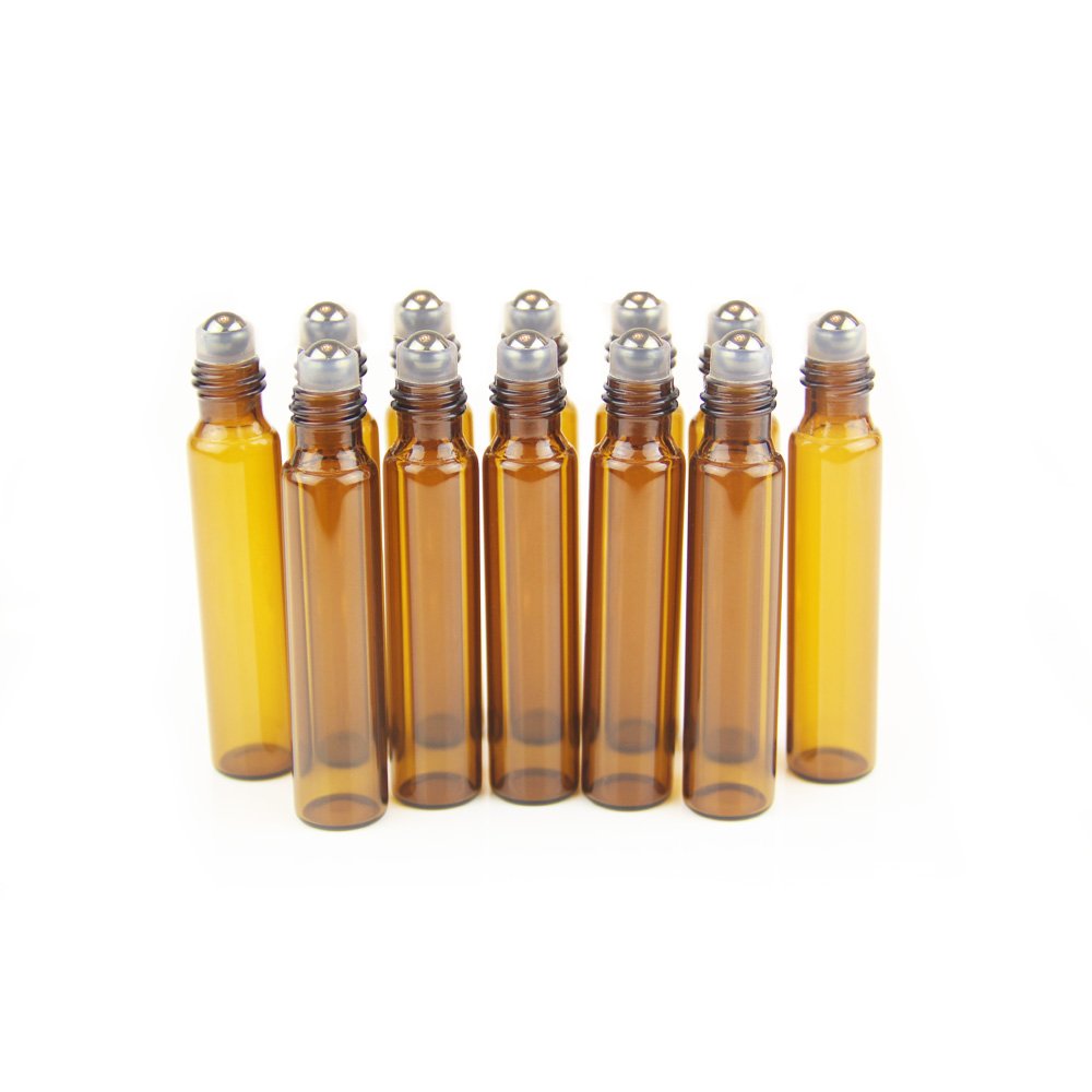 Yizhao 10ml Glass Roller Bottles Essential Oil, Amber Empty Roller Bottles for Oils with [Stainless Steel Rollerball], for Massage, Aromatherapy, Fragrance, Beauty Oil Mix, Laboratory Bottle -36 Pcs