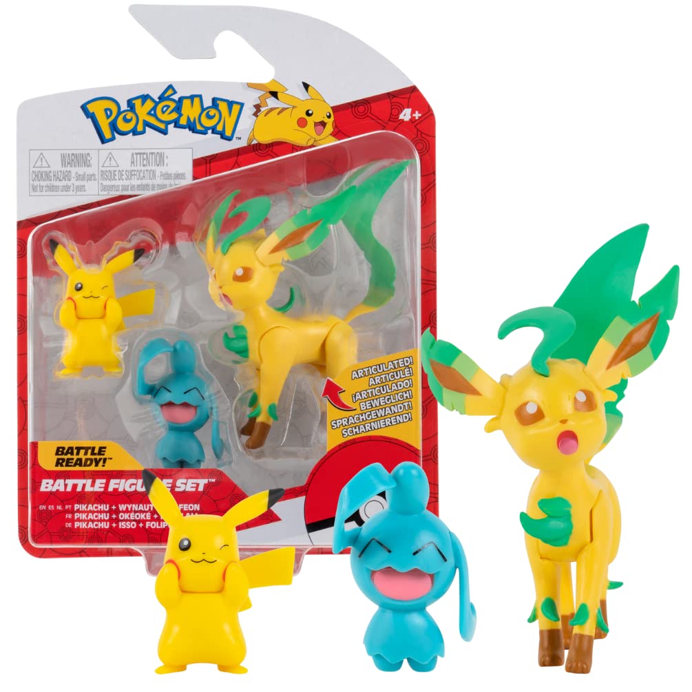 Pokemon PKW0178 3 Pack-Features 2 Pikachu, Wynaut & 3-Inch Leafeon Battle Figures-Authentic Details, Multi