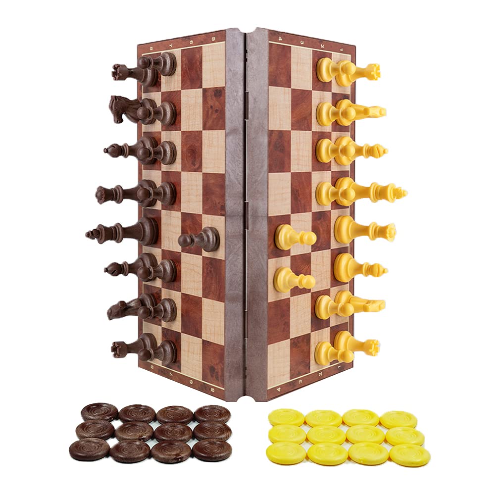 WEofferwhatYOUwant Magnetic Chess Set – 2-in-1 Travel Board Game with Checkers – 32cm Folding Wood Look Board – Magnetic Pieces with Felt – Portable Strategy Game for Kids & Adults – Gift Idea