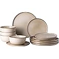 GBHOME Ceramic Dinnerware Sets for 4, 12 Pieces Stoneware Plates and Bowls Sets, Scratch Resistant Dishes, Dishwasher & Microwave Safe, Reactive Glaze-Cappuccino