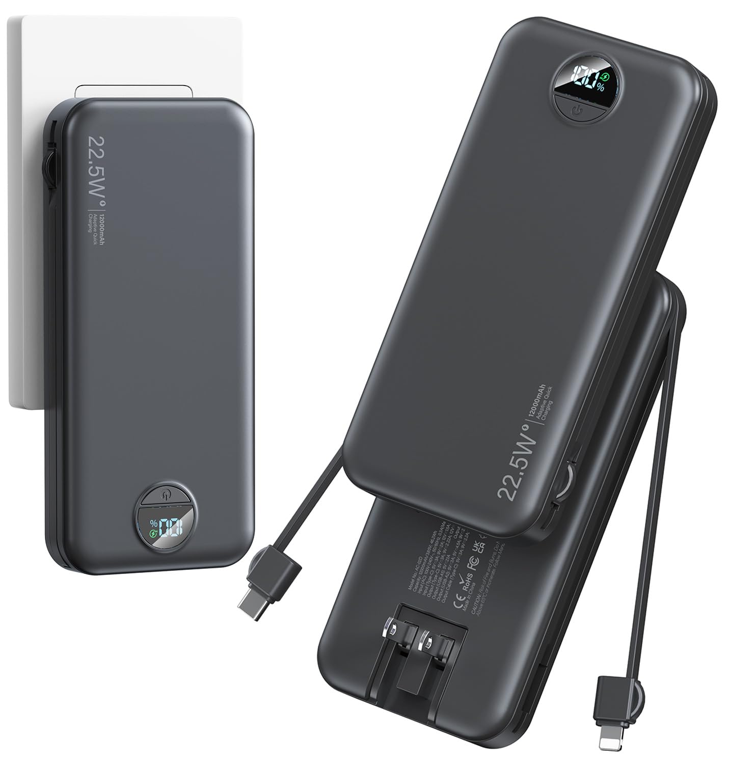 Photo 1 of 12000mAh Ultra-Portable-Charger-Power-Bank with Built in Cables&AC Wall Plug, PD20W USB-C Fast Charging Cell Phone Charger Battery Pack,LED Display Travel Battery Bank for All iPhone,Samsung,Android