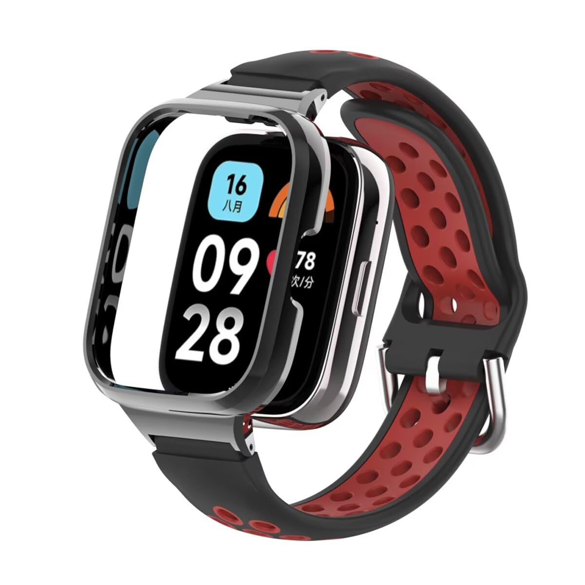 T-BLUER Strap Compatible with Xiaomi Redmi Watch 3 Active,Silicone Breathable two-color Watch Band Stainless Steel Metal Protective Frame Bracelet Accessories for Redmi Watch 3 Active Black Red