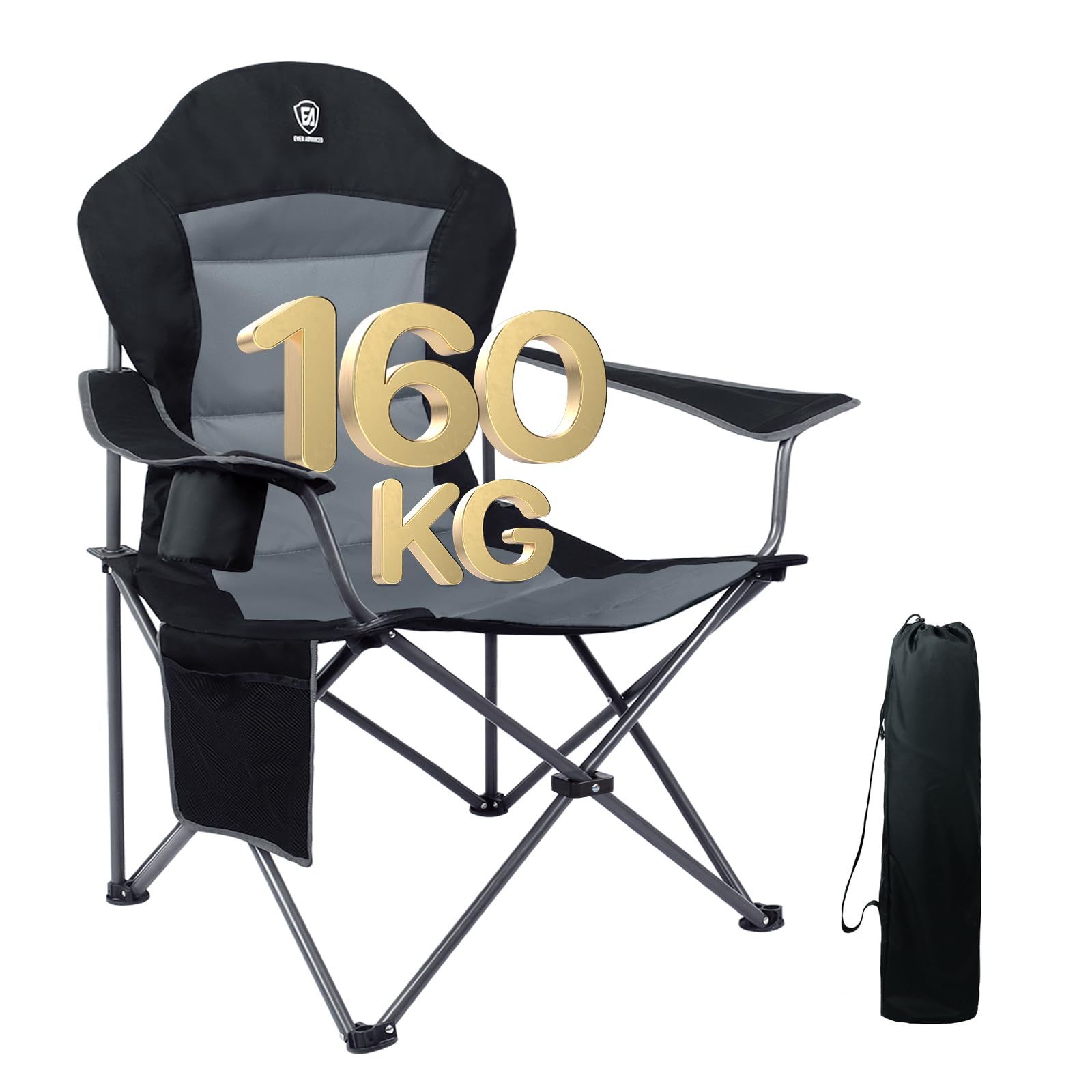 EVER ADVANCED Camping Chairs for Adults Heavy Duty Folding Chair Up to 160kg Oversized with High Back & Cup Holder & Side Pockets Comfy Camp Fold Up Chair