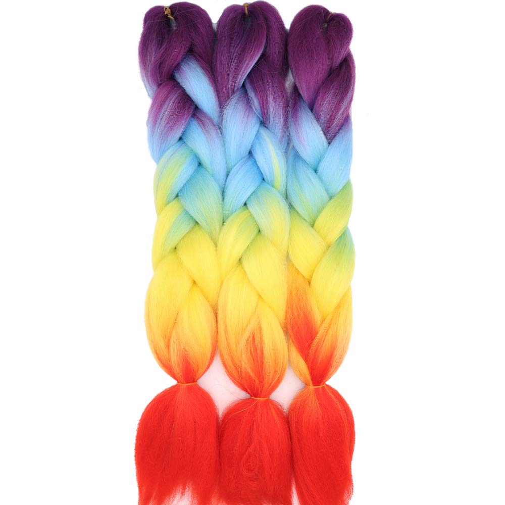 Cybelleza 3 Pcs /300g 24'' Braiding Hair Extensions Jumbo Braids Synthetic Crochet Hair Afro Box Braid Heat Resistent (Purple&Blue&Yellow&Orange)