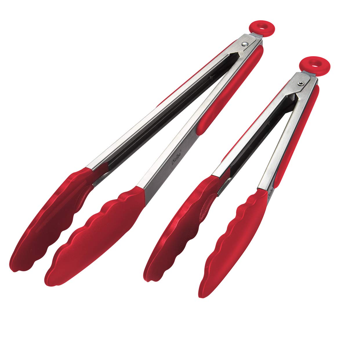 iNeibo Kitchen Tongs - 9'' & 12'' Non-Slip Smart Locking Stainless Steel Cooking Tongs with Silicone Tips for Grilling BBQ Serving Salad Ice (Red)