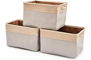 EZOWare Set of 3 Large Canvas Fabric Tweed Storage Organizer Cube Set W/Handles for Nursery Kids Toddlers Home and Office - 15 L x 10.5 W x 9.4 H -Gray/Cream