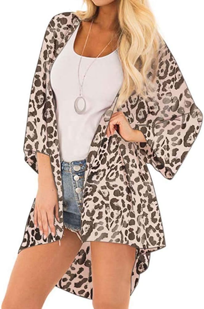 Women's Chiffon Cardigans Floral Print 3/4 Bell Sleeve Kimonos Open Front Loose Sheer Beach Cover Up